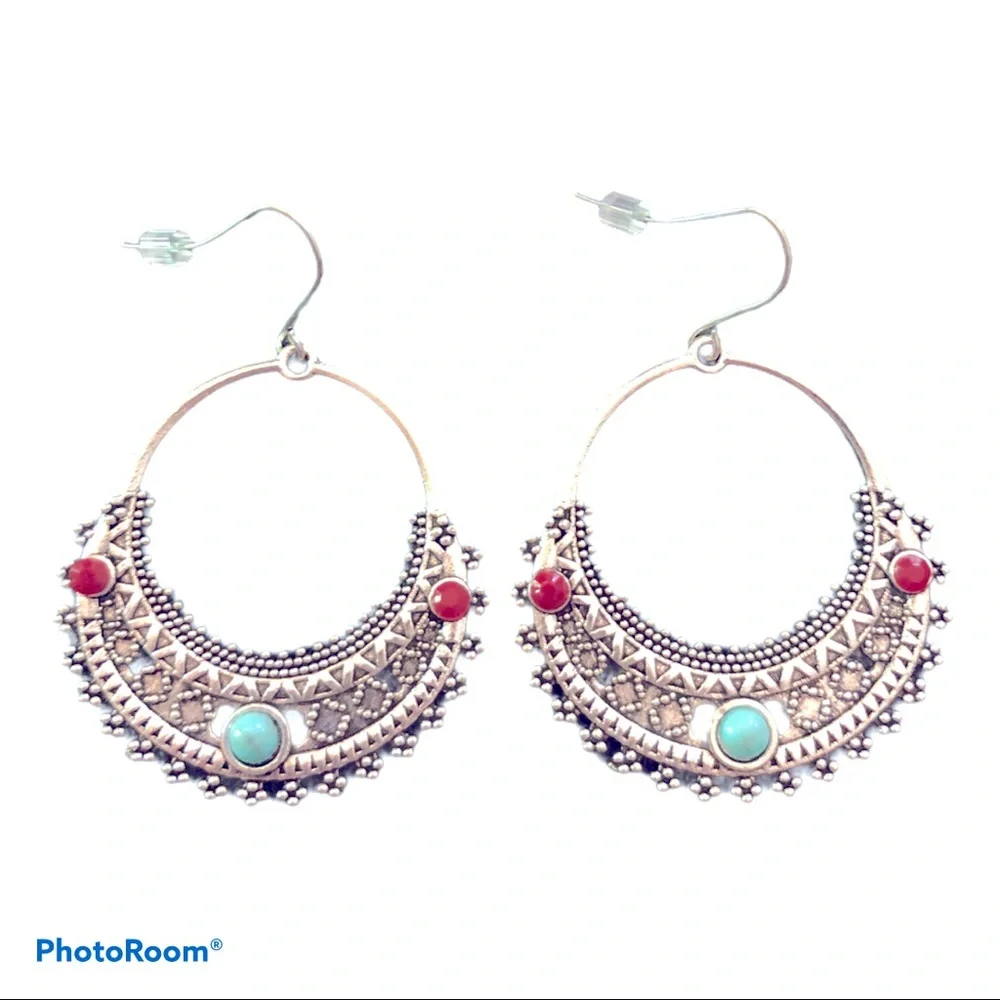 New! Desert Revival Boho Hoops Antiqued Silver Earrings‎